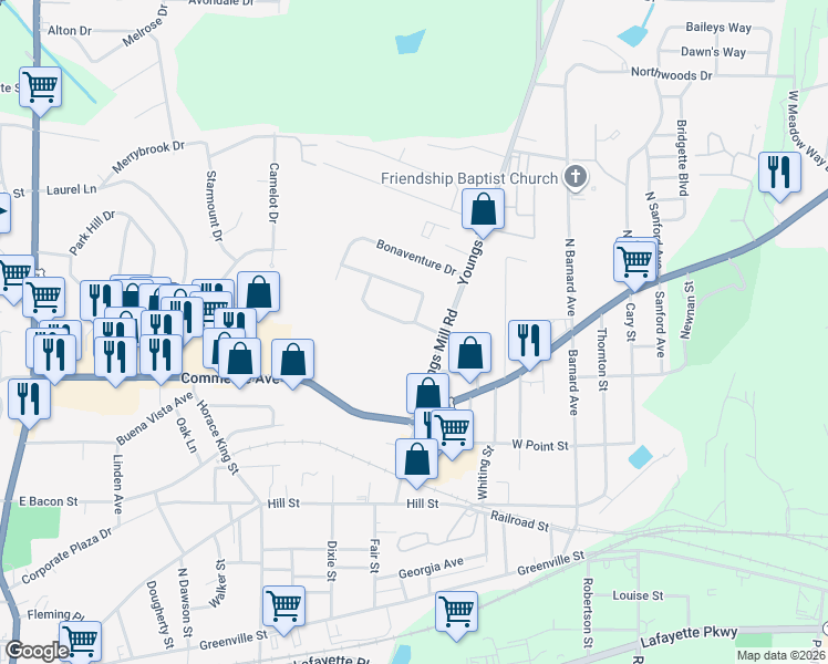 map of restaurants, bars, coffee shops, grocery stores, and more near 107 Rutland Circle in LaGrange