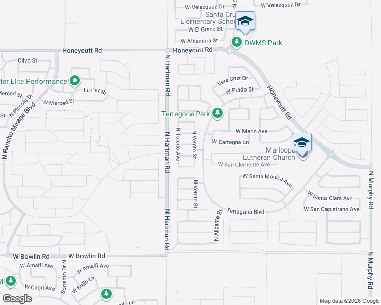 map of restaurants, bars, coffee shops, grocery stores, and more near 36522 West San Pedro Drive in Maricopa