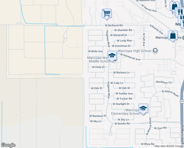 map of restaurants, bars, coffee shops, grocery stores, and more near 46129 Barbara Lane in Maricopa