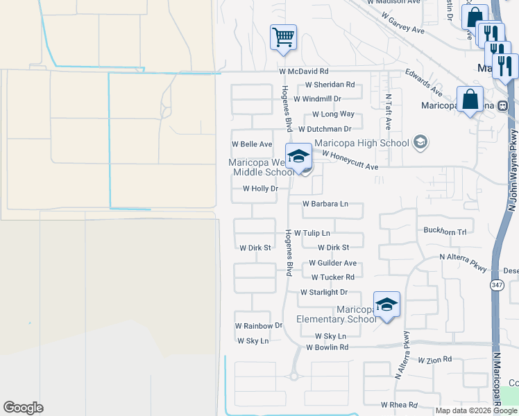 map of restaurants, bars, coffee shops, grocery stores, and more near 45989 Barbara Lane in Maricopa