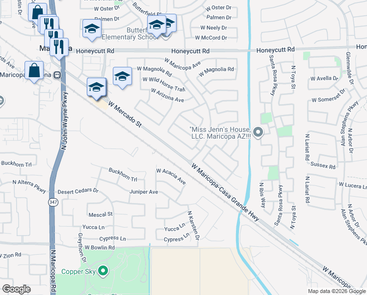 map of restaurants, bars, coffee shops, grocery stores, and more near 43615 West Cowpath Road in Maricopa