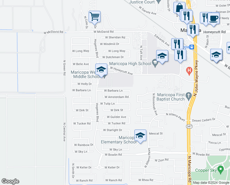 map of restaurants, bars, coffee shops, grocery stores, and more near 45651 West Barbara Lane in Maricopa