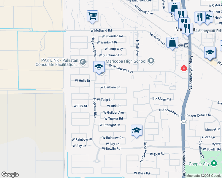 map of restaurants, bars, coffee shops, grocery stores, and more near 45665 West Barbara Lane in Maricopa