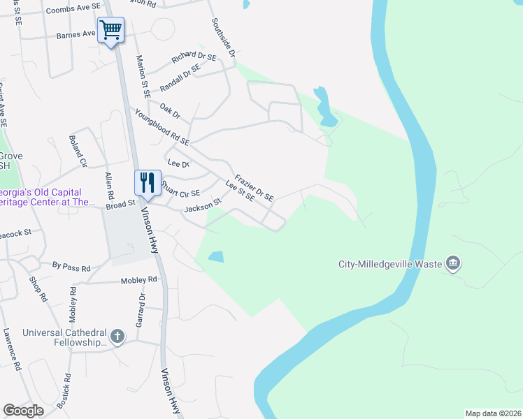 map of restaurants, bars, coffee shops, grocery stores, and more near 165 Lee Street Southeast in Milledgeville