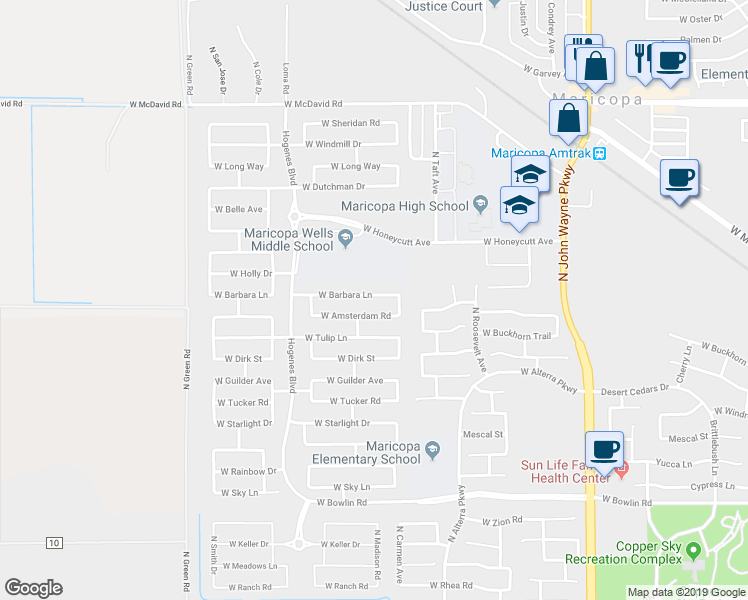 map of restaurants, bars, coffee shops, grocery stores, and more near 45557 Barbara Lane in Maricopa