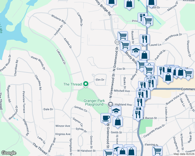 map of restaurants, bars, coffee shops, grocery stores, and more near 108 Elm Drive in LaGrange