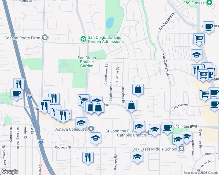map of restaurants, bars, coffee shops, grocery stores, and more near 715 Sunflower Street in Encinitas