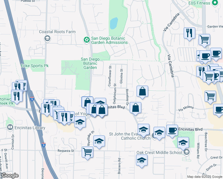 map of restaurants, bars, coffee shops, grocery stores, and more near 709 Sunflower Street in Encinitas