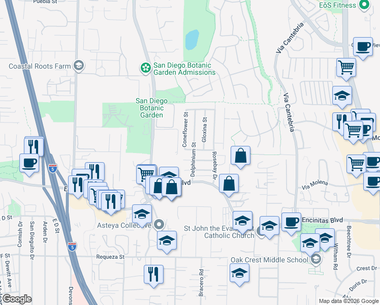map of restaurants, bars, coffee shops, grocery stores, and more near 715 Sunflower Street in Encinitas