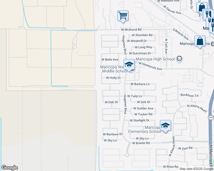 map of restaurants, bars, coffee shops, grocery stores, and more near 46129 Barbara Lane in Maricopa