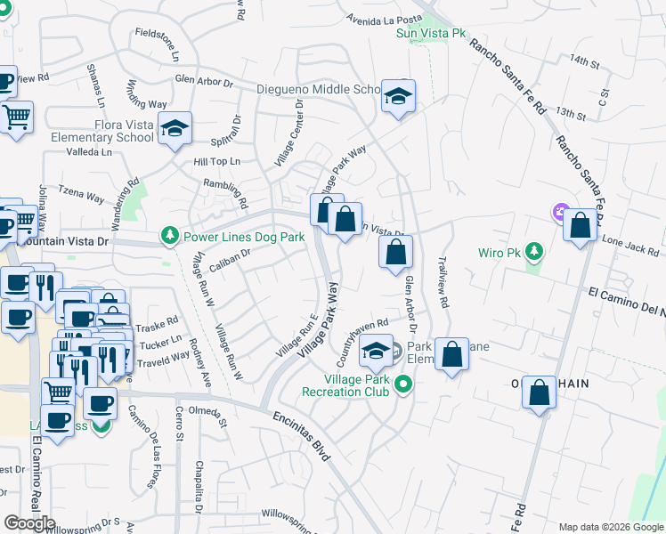 map of restaurants, bars, coffee shops, grocery stores, and more near 302 Countrywood Lane in Encinitas
