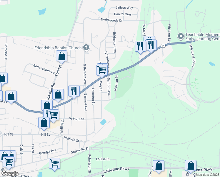 map of restaurants, bars, coffee shops, grocery stores, and more near 16 Sanford Avenue in LaGrange