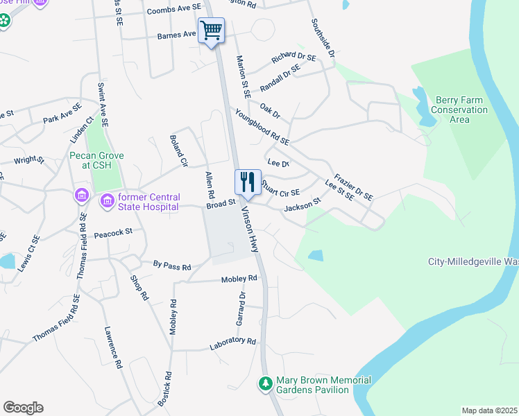 map of restaurants, bars, coffee shops, grocery stores, and more near 109 Gilman Street Southeast in Milledgeville