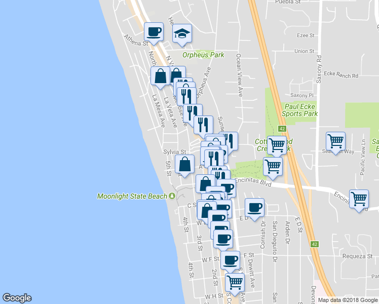 map of restaurants, bars, coffee shops, grocery stores, and more near 2 3rd Street in Encinitas