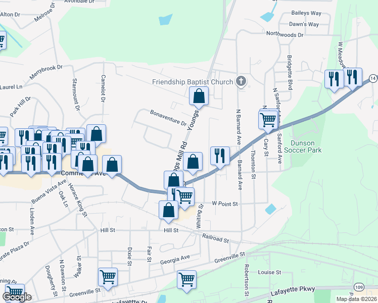 map of restaurants, bars, coffee shops, grocery stores, and more near 104 Youngs Mill Road in LaGrange