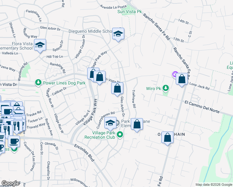 map of restaurants, bars, coffee shops, grocery stores, and more near 2015 Willowood Lane in Encinitas