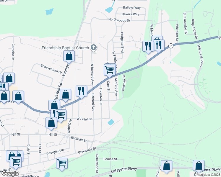 map of restaurants, bars, coffee shops, grocery stores, and more near 26 Cary Street in LaGrange