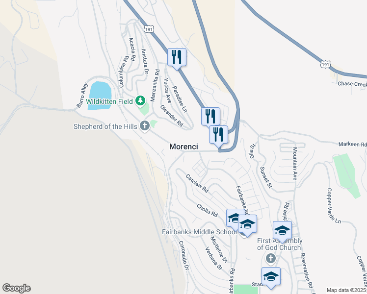 map of restaurants, bars, coffee shops, grocery stores, and more near in Morenci