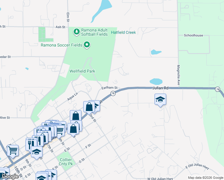 map of restaurants, bars, coffee shops, grocery stores, and more near 217 Earlham Street in Ramona