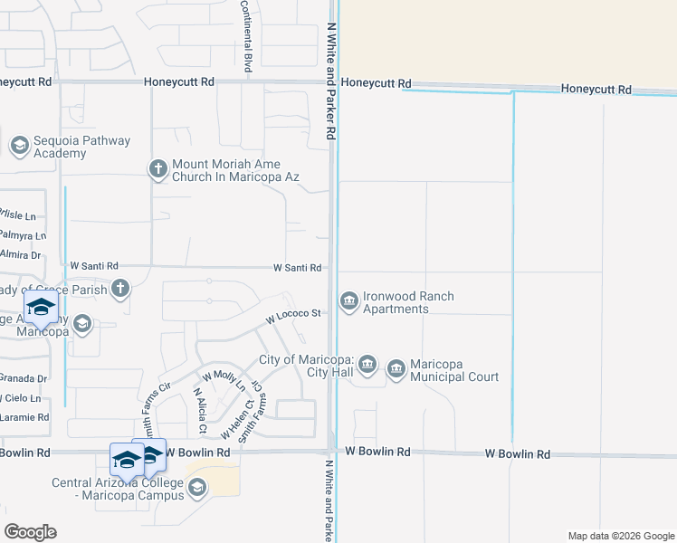 map of restaurants, bars, coffee shops, grocery stores, and more near Linn Street in Maricopa