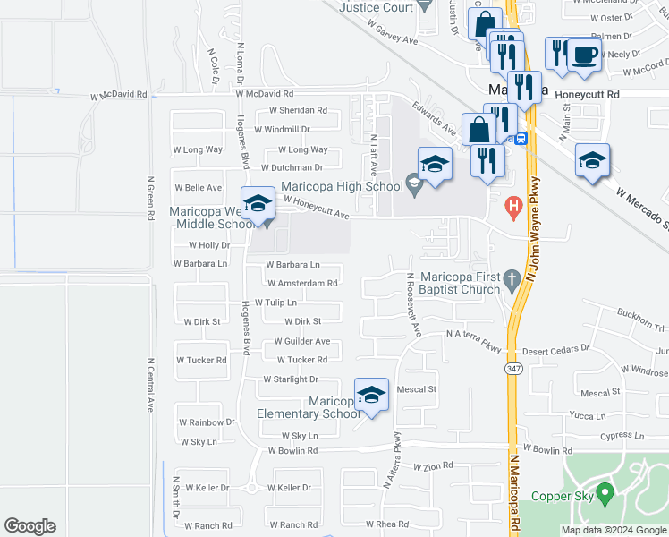 map of restaurants, bars, coffee shops, grocery stores, and more near 45489 Barbara Lane in Maricopa