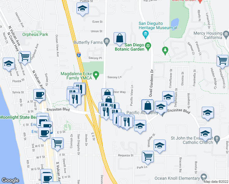 map of restaurants, bars, coffee shops, grocery stores, and more near Seacrest Way in Encinitas