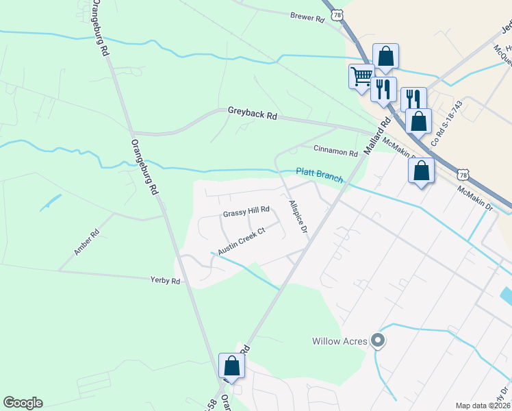 map of restaurants, bars, coffee shops, grocery stores, and more near 616 Grassy Hill Road in Summerville