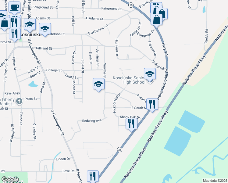 map of restaurants, bars, coffee shops, grocery stores, and more near 1104 Walnut Grove Road in Kosciusko