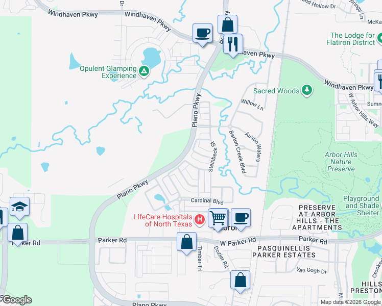 map of restaurants, bars, coffee shops, grocery stores, and more near 2200 Shakespeare Street in Carrollton