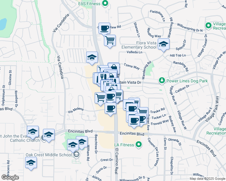map of restaurants, bars, coffee shops, grocery stores, and more near 221-25 North El Camino Real in Encinitas