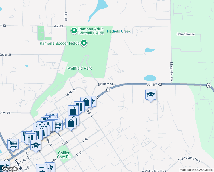 map of restaurants, bars, coffee shops, grocery stores, and more near 217 Earlham Street in Ramona