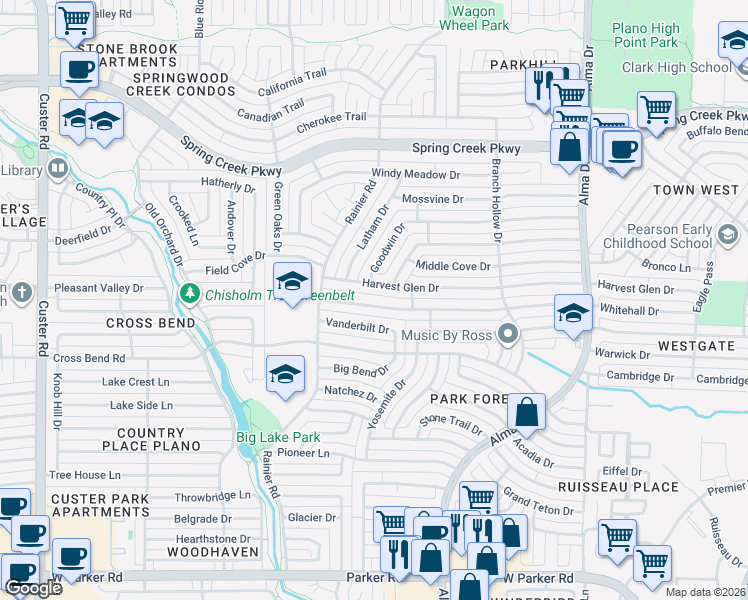 map of restaurants, bars, coffee shops, grocery stores, and more near 1401 Whitehall Drive in Plano