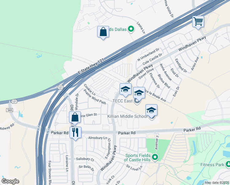 map of restaurants, bars, coffee shops, grocery stores, and more near 2500 Windhaven Parkway in Lewisville