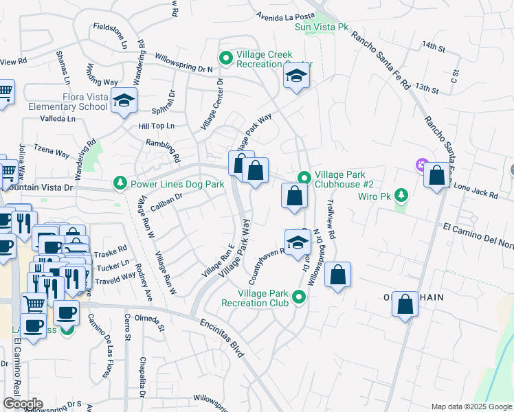 map of restaurants, bars, coffee shops, grocery stores, and more near 285 Countrywood Lane in Encinitas