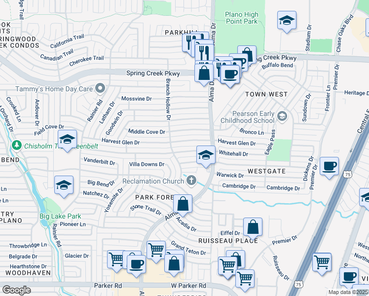 map of restaurants, bars, coffee shops, grocery stores, and more near 941 Whitehall Drive in Plano