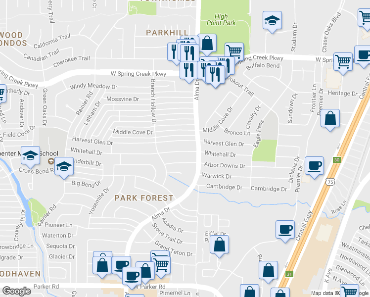 map of restaurants, bars, coffee shops, grocery stores, and more near 917 Whitehall Drive in Plano