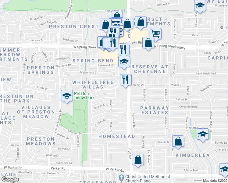 map of restaurants, bars, coffee shops, grocery stores, and more near 4100 Lorimar Drive in Plano