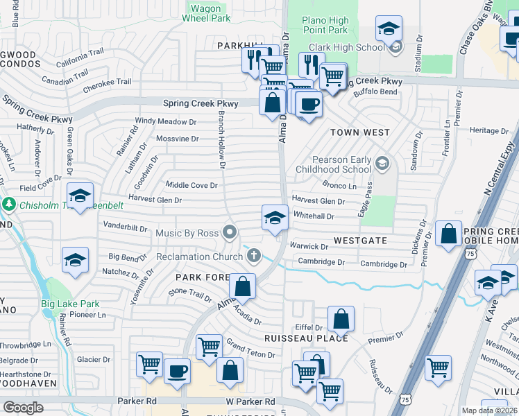 map of restaurants, bars, coffee shops, grocery stores, and more near 917 Whitehall Drive in Plano