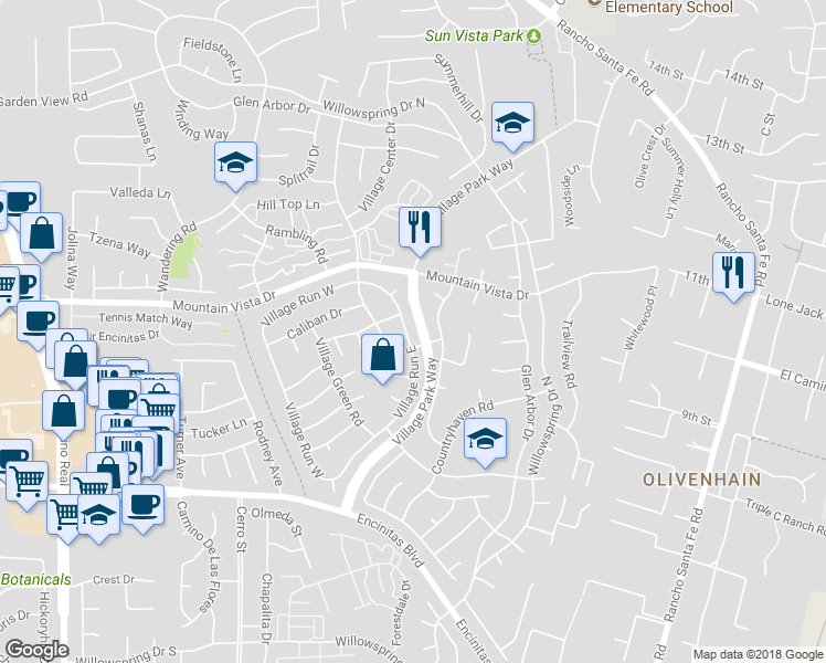 map of restaurants, bars, coffee shops, grocery stores, and more near 317 Village Run East in Encinitas