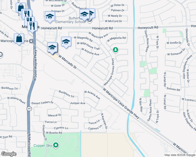 map of restaurants, bars, coffee shops, grocery stores, and more near 43615 West Cowpath Road in Maricopa