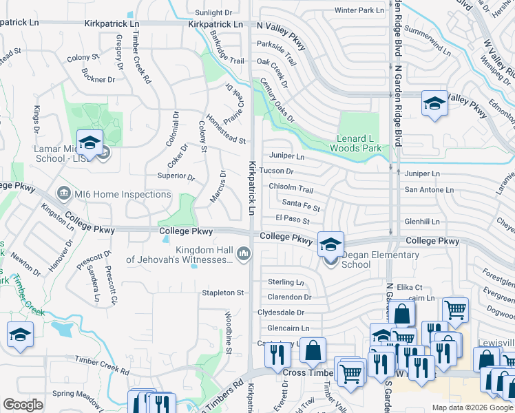 map of restaurants, bars, coffee shops, grocery stores, and more near 630 Reno St in Lewisville
