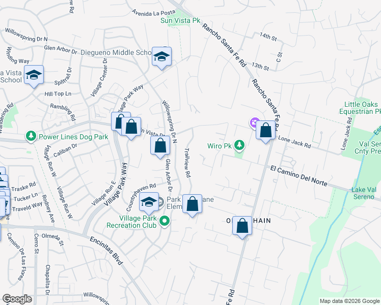 map of restaurants, bars, coffee shops, grocery stores, and more near 359 Trailview Road in Encinitas