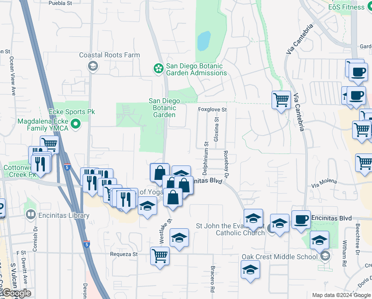 map of restaurants, bars, coffee shops, grocery stores, and more near 765 Mays Hollow Lane in Encinitas
