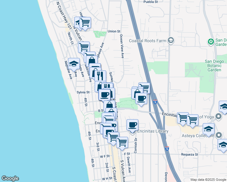 map of restaurants, bars, coffee shops, grocery stores, and more near 1 North Vulcan Avenue in Encinitas