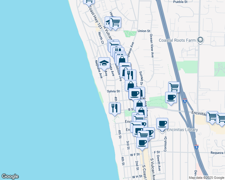 map of restaurants, bars, coffee shops, grocery stores, and more near 444 Sylvia Street in Encinitas