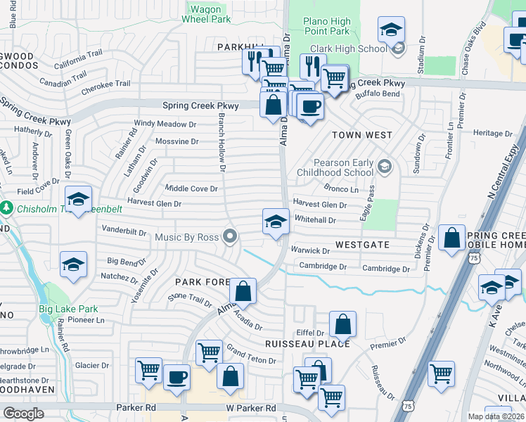 map of restaurants, bars, coffee shops, grocery stores, and more near 917 Whitehall Drive in Plano