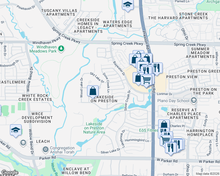 map of restaurants, bars, coffee shops, grocery stores, and more near 4001 Dove Creek Lane in Plano