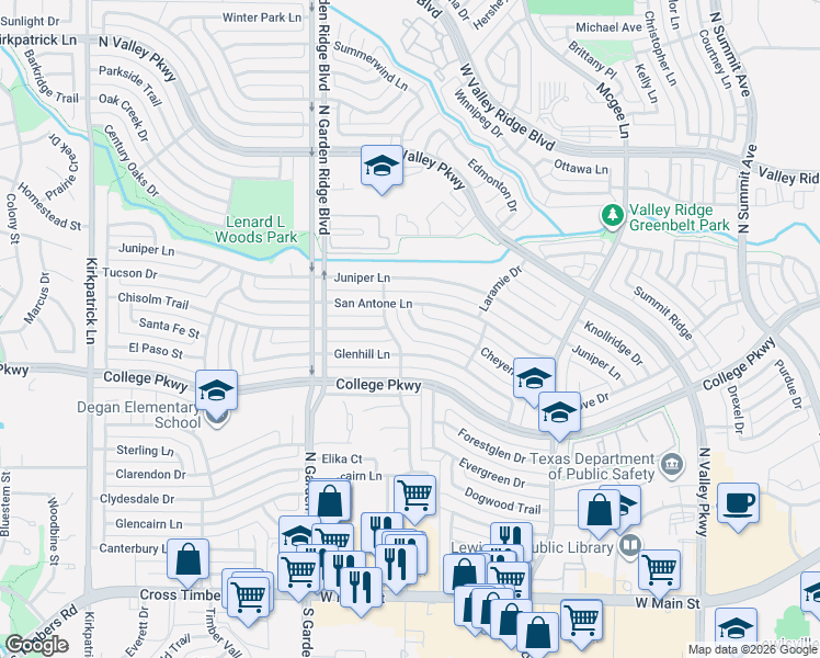 map of restaurants, bars, coffee shops, grocery stores, and more near 1456 Cheyenne Road in Lewisville