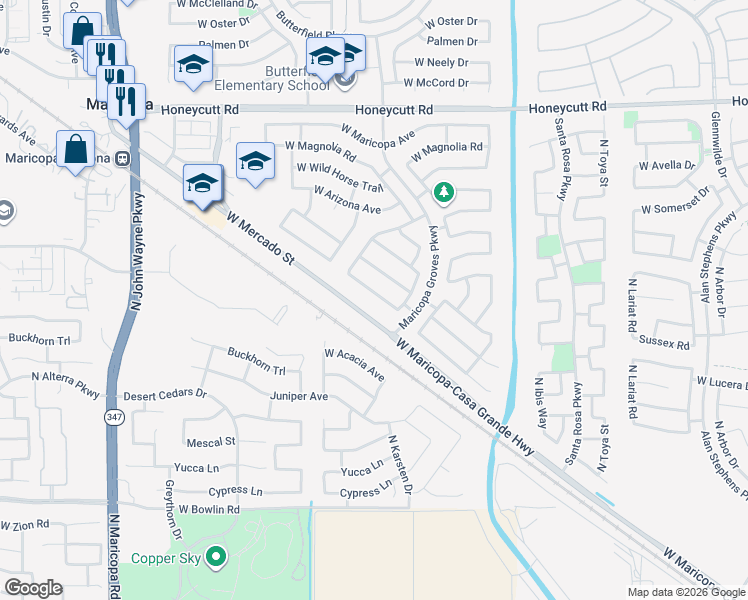 map of restaurants, bars, coffee shops, grocery stores, and more near 43615 West Cowpath Road in Maricopa