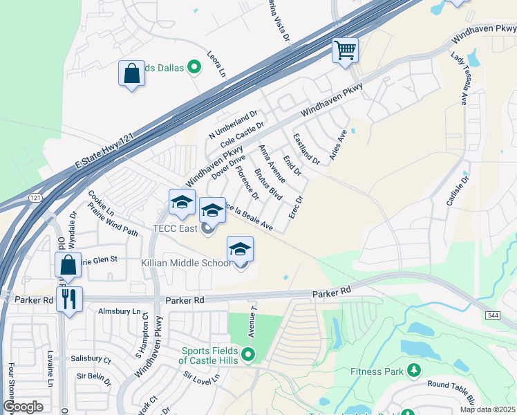 map of restaurants, bars, coffee shops, grocery stores, and more near 2513 Scotti Street in The Colony